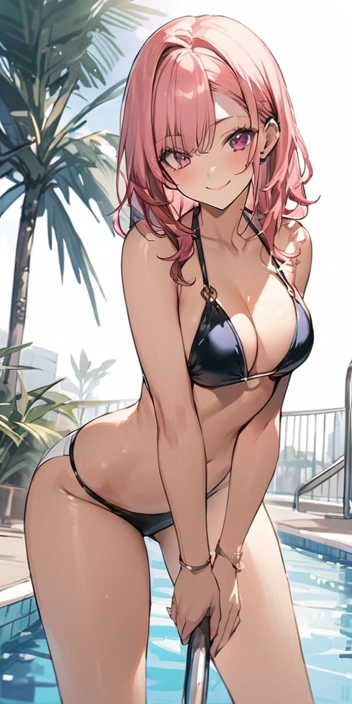 ((Highest quality、、masterpiece:1.3))、Long legs、Sharp focus:1.2, Beautiful woman with perfect figure:1.4、(Smiling:1.2), double eyelid、30-year-old female、Sexy pose、((((Close your mouth、One Woman、bikini)))),(((((one women,pool side:1.5)))))、((standing, cowboy shot:1.5))