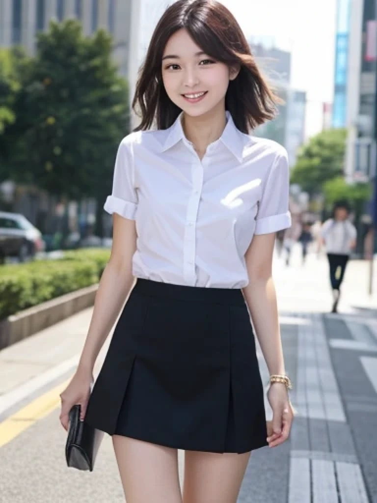 Japanese、18 year old girl、Very slim、((Smiling))、business suit、Business district、mini skirt