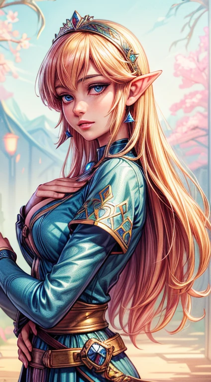 zelda from the legend of zelda, detailed character portrait, beautiful detailed eyes, beautiful detailed lips, extremely detailed face, long eyelashes, intricate costume design, holding master sword, master swordsman, princess of hyrule, in the style of shigeru miyamoto and takashi tezuka, vibrant colors, fantasy, cinematic lighting, highly detailed, 8k, best quality, masterpiece