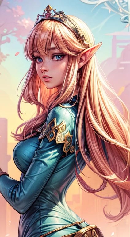 zelda from the legend of zelda, detailed character portrait, beautiful detailed eyes, beautiful detailed lips, extremely detailed face, long eyelashes, intricate costume design, holding master sword, master swordsman, princess of hyrule, in the style of shigeru miyamoto and takashi tezuka, vibrant colors, fantasy, cinematic lighting, highly detailed, 8k, best quality, masterpiece