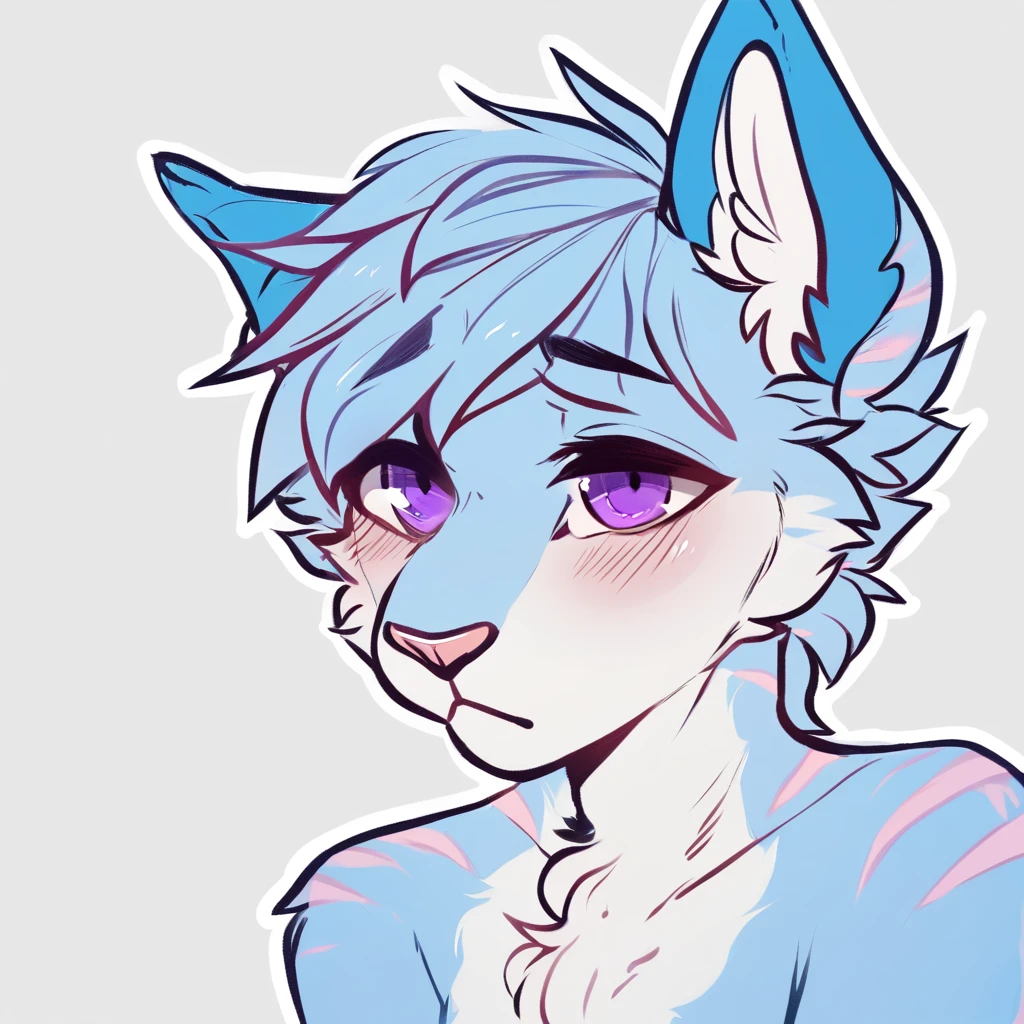 adult, feline, mammal, anthro, anthropomorphic, cat, striped, fur, striped_feline, fur, furred_anthro, femboy, male, cerulean_hair, fluffy, ears, azure_blue_ears, purple_eyes, cerulean_hair, expressive eyes, feline_ears, azure_blue_fur, light_blue_chest, shy, small_pupils, digital_art, high_resolution, high_res, hand-drawn, pencil_lines, head_visible, neck_visible, white_outline, detailed_line_work, profile_picture, head_visible