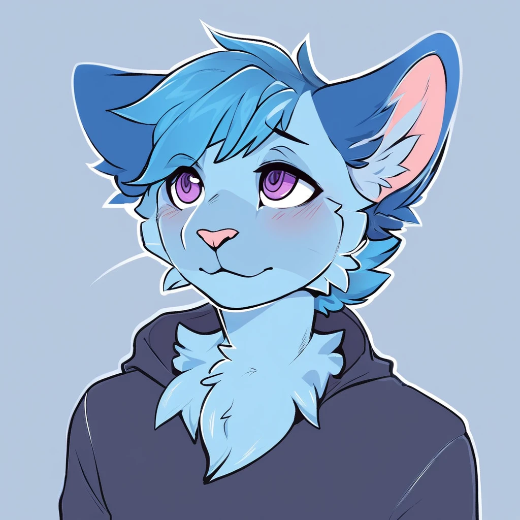 adult, feline, mammal, anthro, anthropomorphic, cat, striped, fur, striped_feline, fur, furred_anthro, femboy, male, cerulean_hair, fluffy, ears, azure_blue_ears, purple_eyes, cerulean_hair, expressive eyes, feline_ears, azure_blue_fur, light_blue_chest, shy, small_pupils, digital_art, high_resolution, high_res, hand-drawn, pencil_lines, head_visible, neck_visible, white_outline, detailed_line_work, profile_picture, head_visible