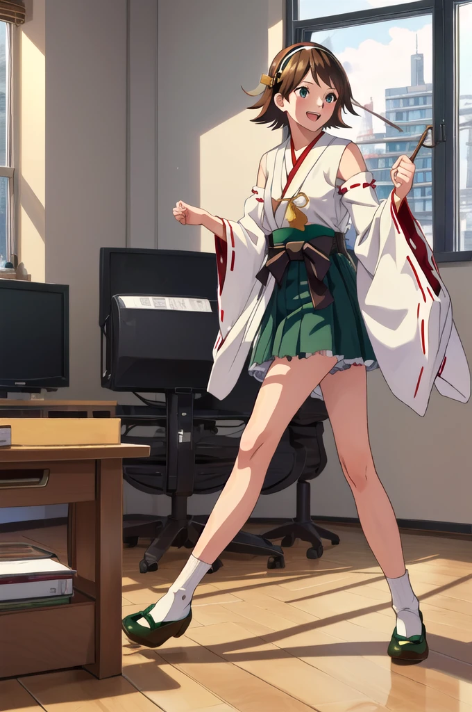 Highest quality, masterpiece, High resolution, ((Perfect hands, Perfect Legs, Perfect Anatomy)), ((一人in)), {Hiei Kai-2_Fleet Collection:1.15}, brown_hair, short_hair, hairband, headgear, Non-traditional_Shrine maiden, smile, green_eye, Inverted up_hair, Open_mouth, (One girl), independent_sleeve, Japanese_Clothes, Looking_in_Audience, ribbon-trimmed_sleeve, ribbon_trim, whole body, , (indoor, office, living room),