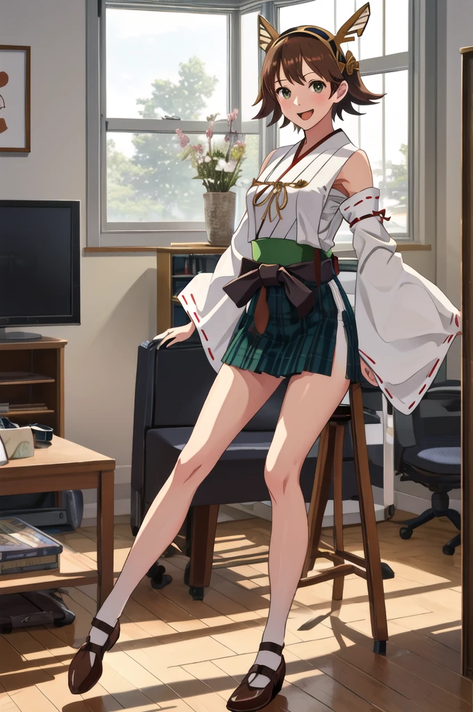 Highest quality, masterpiece, High resolution, ((Perfect hands, Perfect Legs, Perfect Anatomy)), ((一人in)), {Hiei Kai-2_Fleet Collection:1.15}, brown_hair, short_hair, hairband, headgear, Non-traditional_Shrine maiden, smile, green_eye, Inverted up_hair, Open_mouth, (One girl), independent_sleeve, Japanese_Clothes, Looking_in_Audience, ribbon-trimmed_sleeve, ribbon_trim, whole body, , (indoor, office, living room),