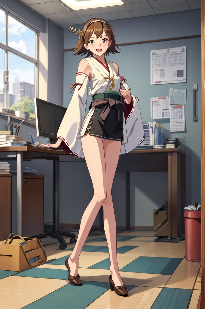 Highest quality, masterpiece, High resolution, ((Perfect hands, Perfect Legs, Perfect Anatomy)), ((一人in)), {Hiei Kai-2_Fleet Collection:1.15}, brown_hair, short_hair, hairband, headgear, Non-traditional_Shrine maiden, smile, green_eye, Inverted up_hair, Open_mouth, (One girl), independent_sleeve, Japanese_Clothes, Looking_in_Audience, ribbon-trimmed_sleeve, ribbon_trim, whole body, , (indoor, office, living room),