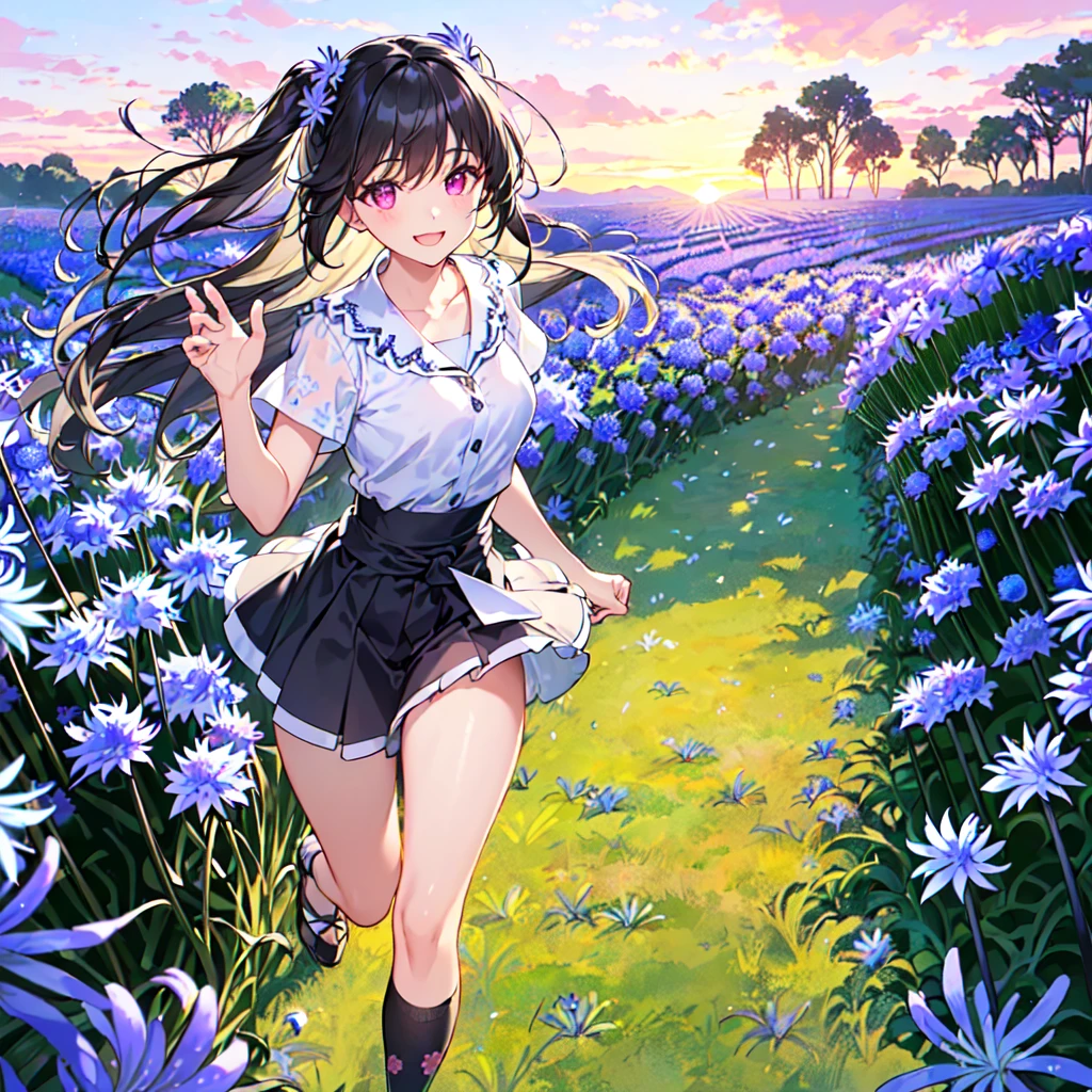 masterpiece, best quality, high quality, extremely detailed, very delicate and beautiful, (1 female 18 years old solo:1.5), (long black hair up to waist with two side up:1.5), bangs to eyebrows, eyes Eyebrows glossy, (eye color magenta:1.3), 6.5 head height, (agapanthus flower print summer fashion:1.3), knee socks, lace, frills, (smiling), (running:1.3), (smiling), (dynamic pose), (background agapanthus flower field:1.3), (sunset:1.3)