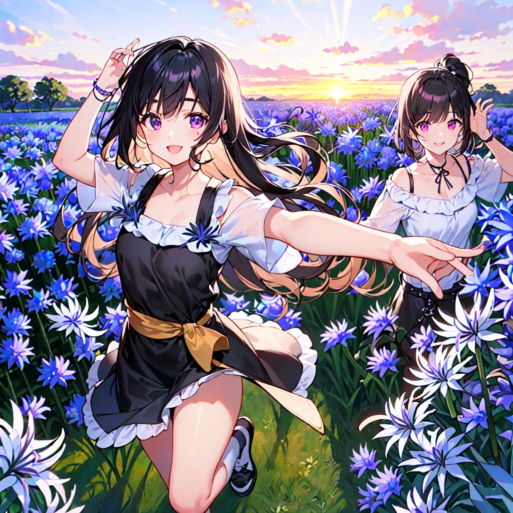 masterpiece, best quality, high quality, extremely detailed, very delicate and beautiful, (1 female 18 years old solo:1.5), (long black hair up to waist with two side up:1.5), bangs to eyebrows, eyes Eyebrows glossy, (eye color magenta:1.3), 6.5 head height, (agapanthus flower print summer fashion:1.3), knee socks, lace, frills, (smiling), (running:1.3), (smiling), (dynamic pose), (background agapanthus flower field:1.3), (sunset:1.3)
