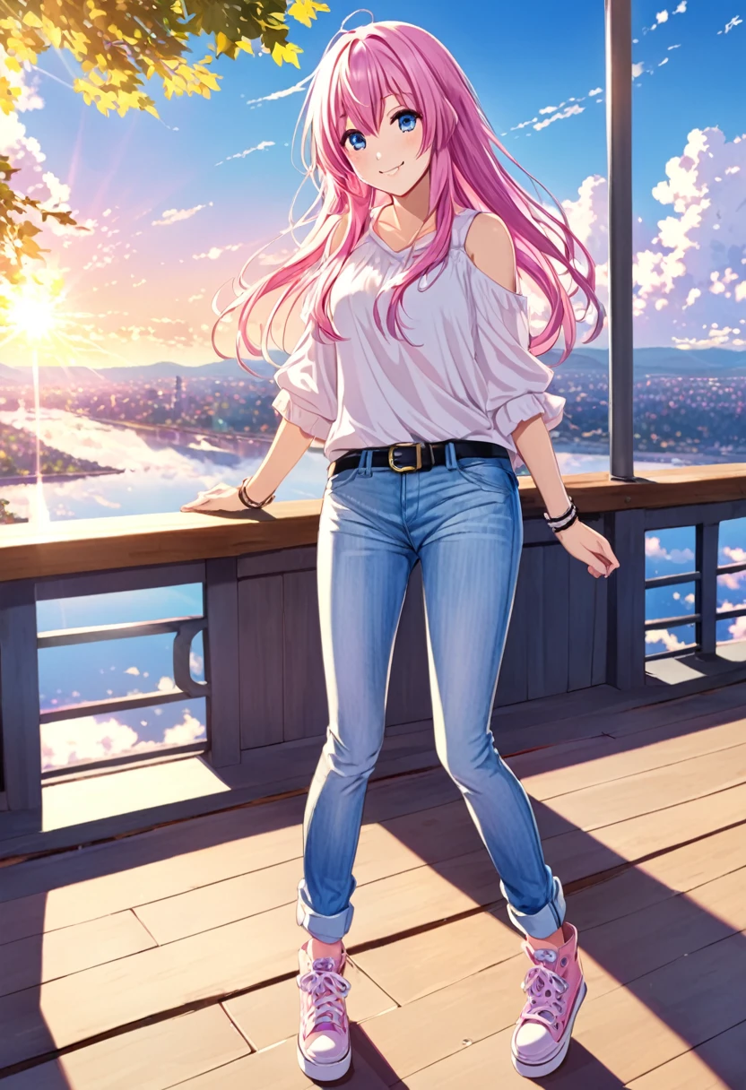 Megurine Luka smile casual clothes jeans colorful morning peace