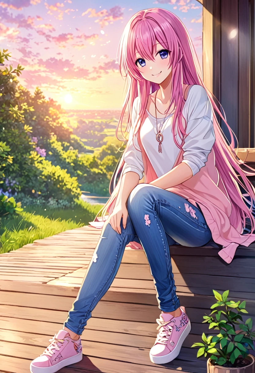 Megurine Luka smile casual clothes jeans colorful morning peace