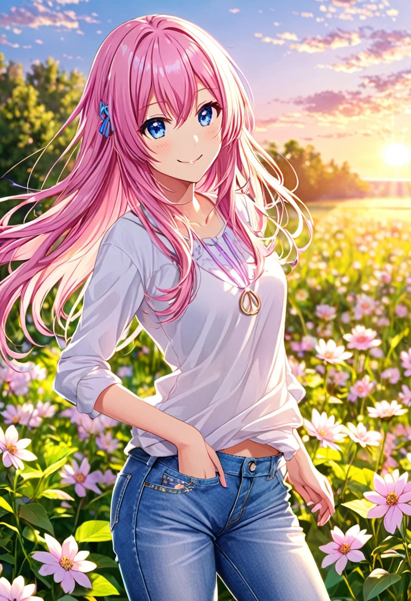 Megurine Luka smile casual clothes jeans colorful morning peace