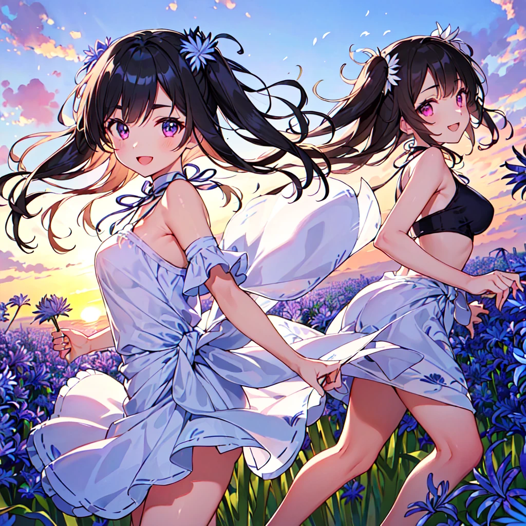 masterpiece, best quality, high quality, extremely detailed, very delicate and beautiful, (1 female 18 years old solo:1.5), (long black hair up to waist with two side up:1.5), bangs to eyebrows, eyes Eyebrows glossy, (eye color magenta:1.3), 6.5 head height, (agapanthus flower print summer fashion:1.3), knee socks, lace, frills, (smiling), (running:1.3), (smiling), (dynamic pose), (background agapanthus flower field:1.3), (sunset:1.3)