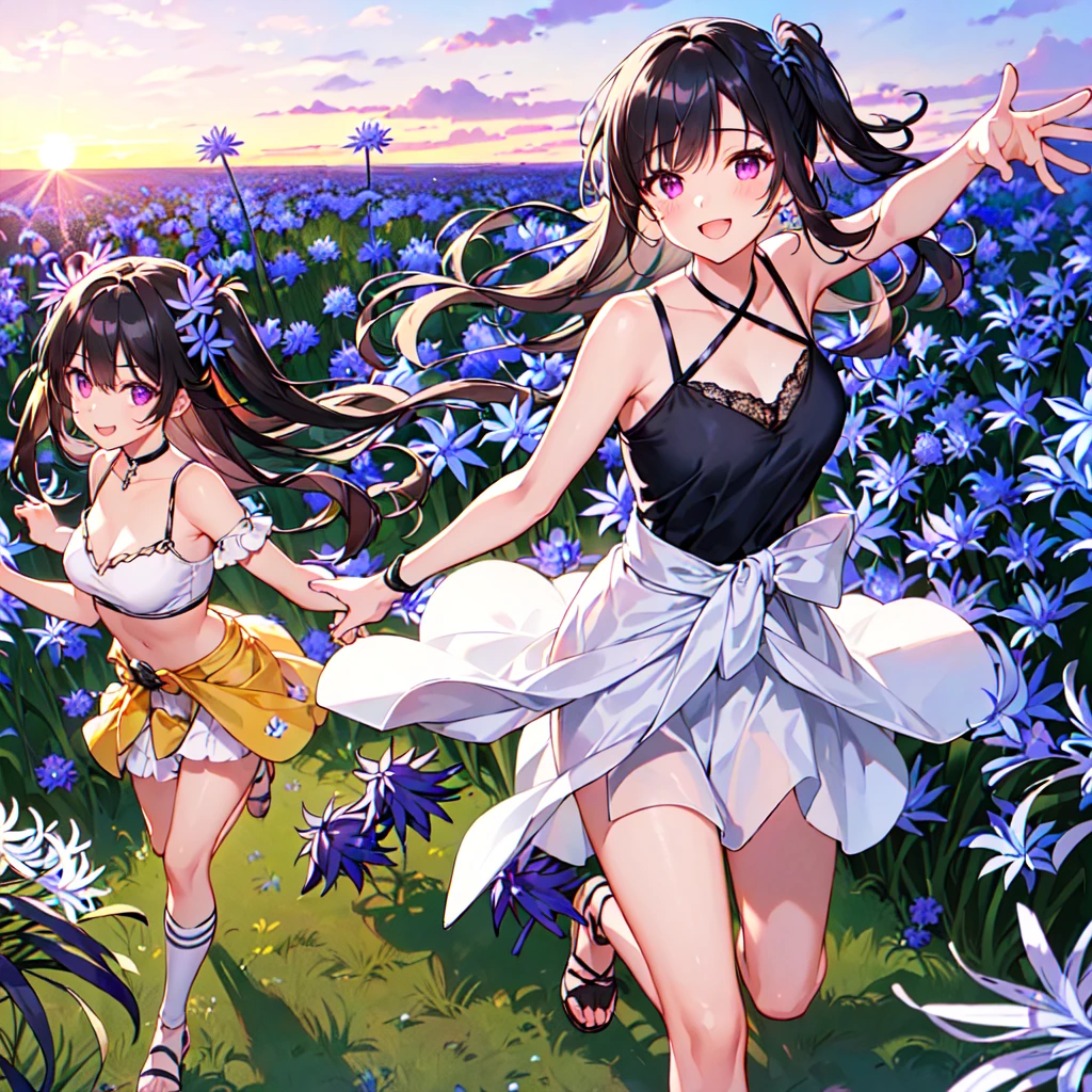 masterpiece, best quality, high quality, extremely detailed, very delicate and beautiful, (1 female 18 years old solo:1.5), (long black hair up to waist with two side up:1.5), bangs to eyebrows, eyes Eyebrows glossy, (eye color magenta:1.3), 6.5 head height, (agapanthus flower print summer fashion:1.3), knee socks, lace, frills, (smiling), (running:1.3), (smiling), (dynamic pose), (background agapanthus flower field:1.3), (sunset:1.3)