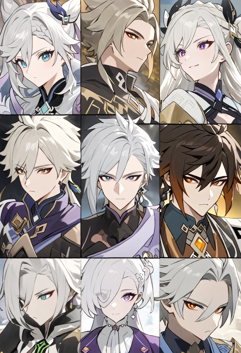 アニメ, um homem de pele oscura com white  hair, keqing do impacto genshin, cute androgynous prince, delicate androgynous prince, white  hair deity, zhongli do impacto genshin, handsome guy in demon slayer art, genshin, photo of a male cleric, white  hair, portrait of thancred, arte detalhada de personagem de アニメ,