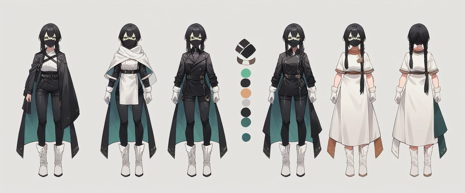 character sheet, full body, anime girl, girl with long black hair, hair braided into two long tails, cloth mask covering her head up to her nose, black leather jacket, gray blouse, white gloves, black pants, white boots, green eyes, white cape, short skirt

