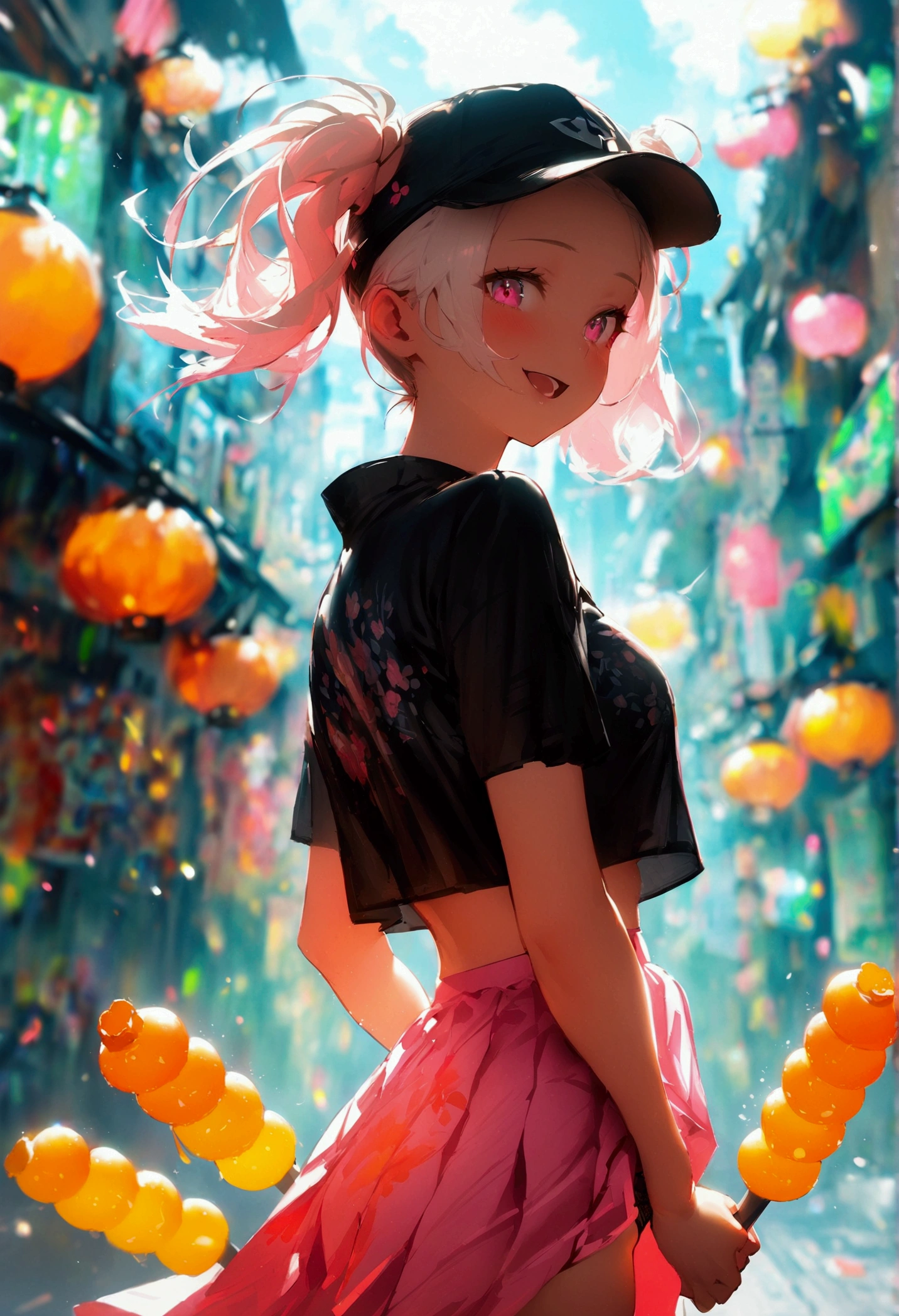 1girl, white hair, short twintails, extremely happy, cheerful, pink eyes, wearing plain black shirt, pink skirt, black leggings, city, absurdres, high res, ultrasharp, 8K, masterpiece, looking at viewer, no hat, holding orange glowsticks in hands, doing splits showing panties