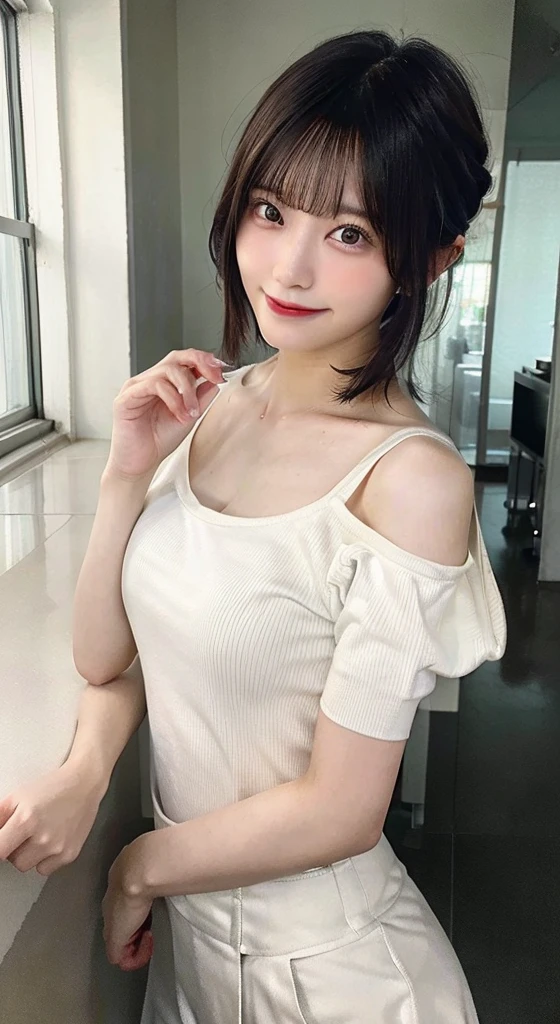 (Highest quality,masterpiece:1.3,超A high resolution,),(Ultra-detailed,Caustics,8K),(Ultra-dense skin,Photorealistic:1.4,RAW shooting,),,,1 girl,Japanese,20-year-old,cute,Black-haired,short hair,(Large Breasts),A happy smile,Looking at the camera,Natural soft light、My chest is open、whole body、White Room、Tabletop、Selfie、Slender、rib cage、slender、Ribs、T-Shirts、Shorts