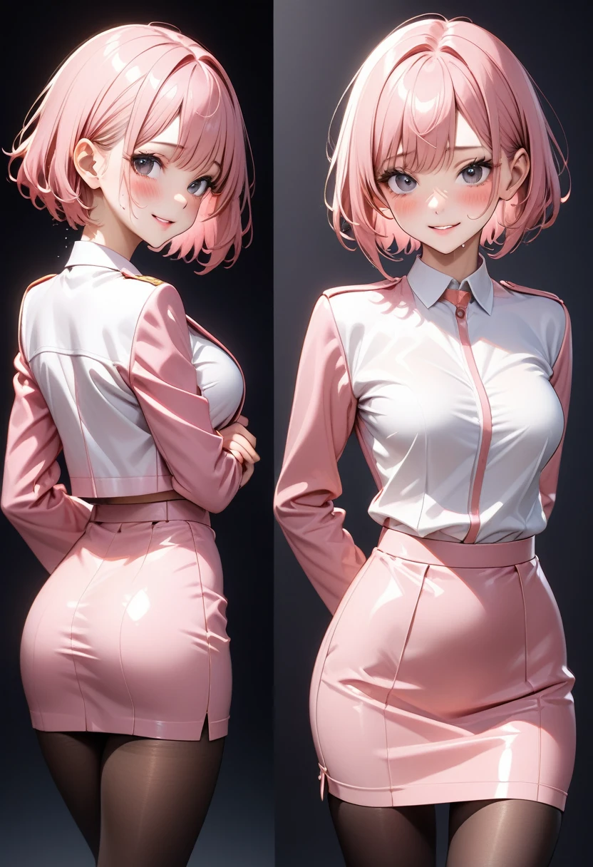 ((skirt suit)), (((cropped jacket))), ((Pencil skirt)), (black pantyhose), skindentation, skinny, solo, 1 woman, Masterpiece, highest quality, highest quality, 16K, incredibly absurd, highly detailed, 2.5D, ai-generated, delicate and dynamic, very delicate facial expressions, delicate eye depiction, erotic, only sexy woman, ((A cute and kind face)), healthy figure, 25-year-old woman, 160cm tall, medium firm swaying bust, (short hair), (pink hair:1.5), bob cut, black eye, blush, Sweat,Embarrassed,sexy, ((thin thighs)), (camel toe:0.8), (Erect nipples:0.7), ((shiny and lustrous)), facing straight at viewer, smile, (standing), cowboy shot, (arms behind back),