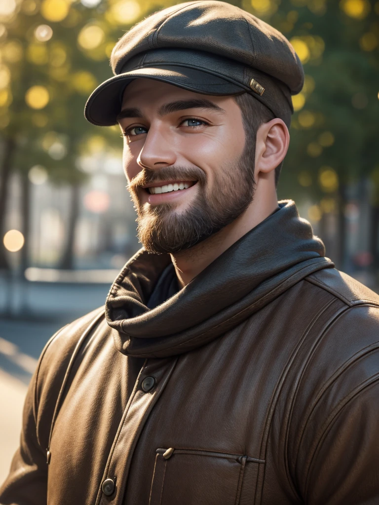 A young man with camera, flat cap, short dark blonde hair, short beard, happy, smiling, northern germany, beach, outdoor portrait, detailed skin, beautiful detailed eyes, beautiful detailed lips, extremely detailed face, detailed clothing, detailed camera, detailed background, best quality, 4k, 8k, highres, masterpiece:1.2, ultra-detailed, realistic, photorealistic:1.37, HDR, UHD, studio lighting, ultra-fine painting, sharp focus, physically-based rendering, extreme detail description, professional, vivid colors, bokeh, portrait photography