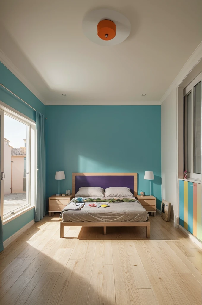 Make a sleeping room for children with color blindness, architectural perspectives of architectural plan, colored with pencil, with measurements in meters, use varied colors, as if it were a render