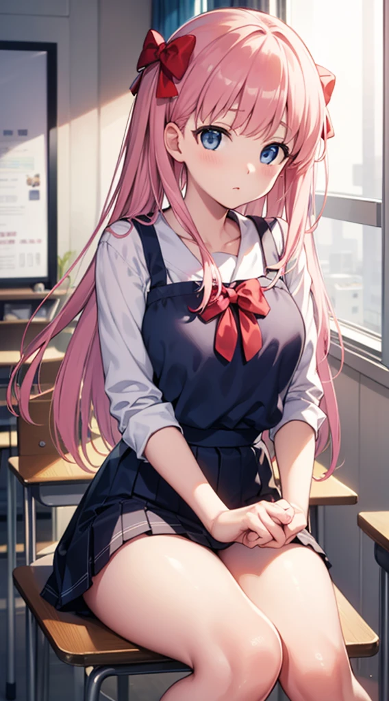 Nodoka Haramura, Handed over by Haramura, blue eyes, hair bow, Long Hair, Pink Hair, bow,
break blue skirt, Kiyosumi Girls&#39; High , pleated skirt, , Seraphim, skirt,
break looking at viewer,
break indoors, classroom,
break (masterpiece:1.2), Highest quality, High resolution, unity 8k wallpaper, (figure:0.8), (Beautiful attention to detail:1.6), Highly detailed face, Perfect lighting, Highly detailed CG, (Perfect hands, Perfect Anatomy),