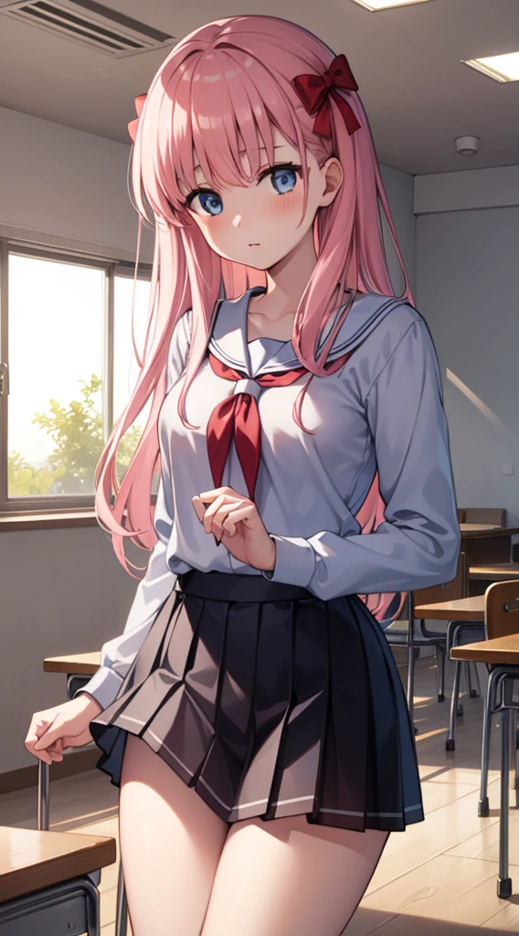 Nodoka Haramura, Handed over by Haramura, blue eyes, hair bow, Long Hair, Pink Hair, bow,
break blue skirt, Kiyosumi Girls&#39; High , pleated skirt, , Seraphim, skirt,
break looking at viewer,
break indoors, classroom,
break (masterpiece:1.2), Highest quality, High resolution, unity 8k wallpaper, (figure:0.8), (Beautiful attention to detail:1.6), Highly detailed face, Perfect lighting, Highly detailed CG, (Perfect hands, Perfect Anatomy),