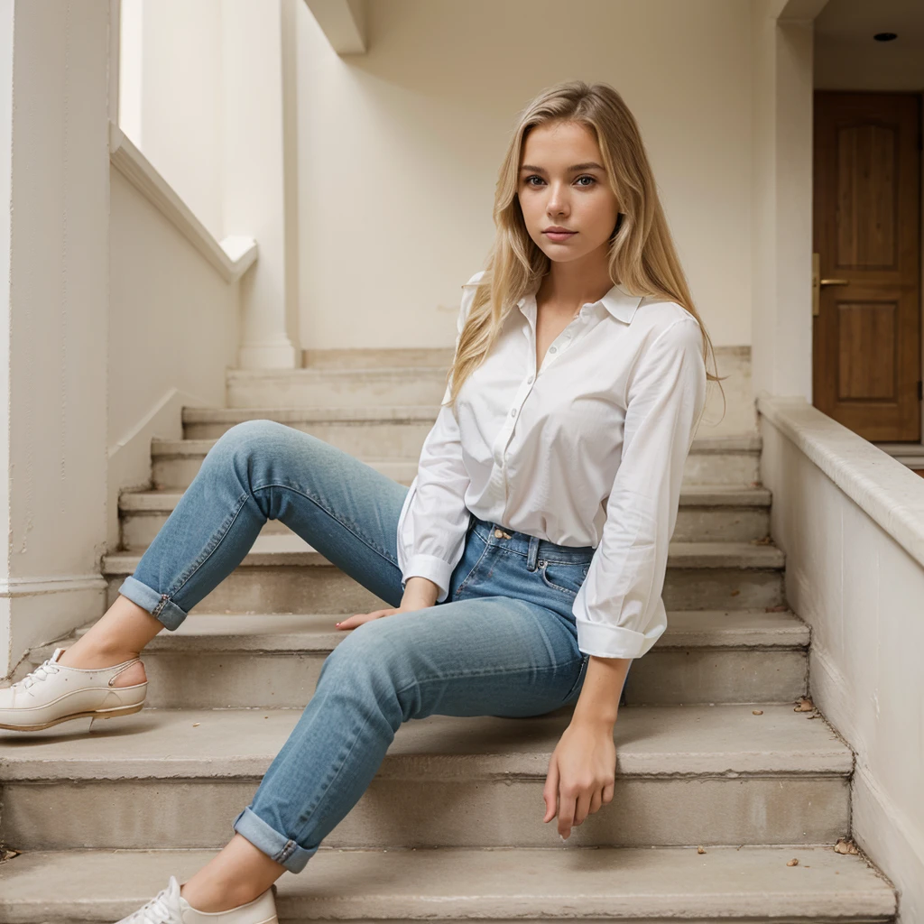 young blonde woman sitting on the stairs of a luxury house wearing jeans and a white blouse