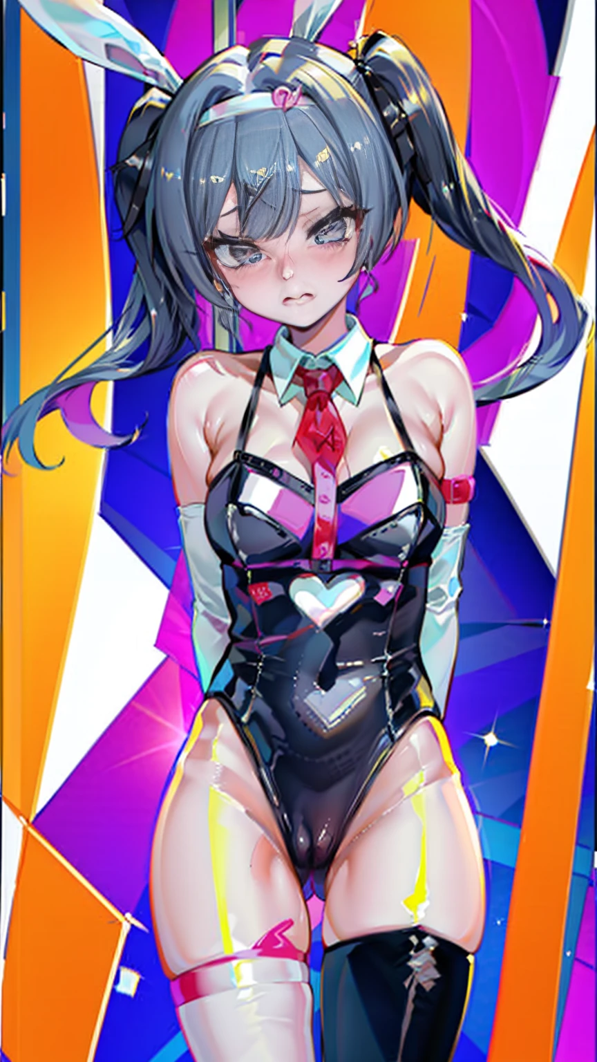 low angle,bunny girl,high leg,crotch,leotard,(((embarrassed,twintail,long hair))),vtuber,shirase sakuya,/(idol_m@ster/),black straight hair