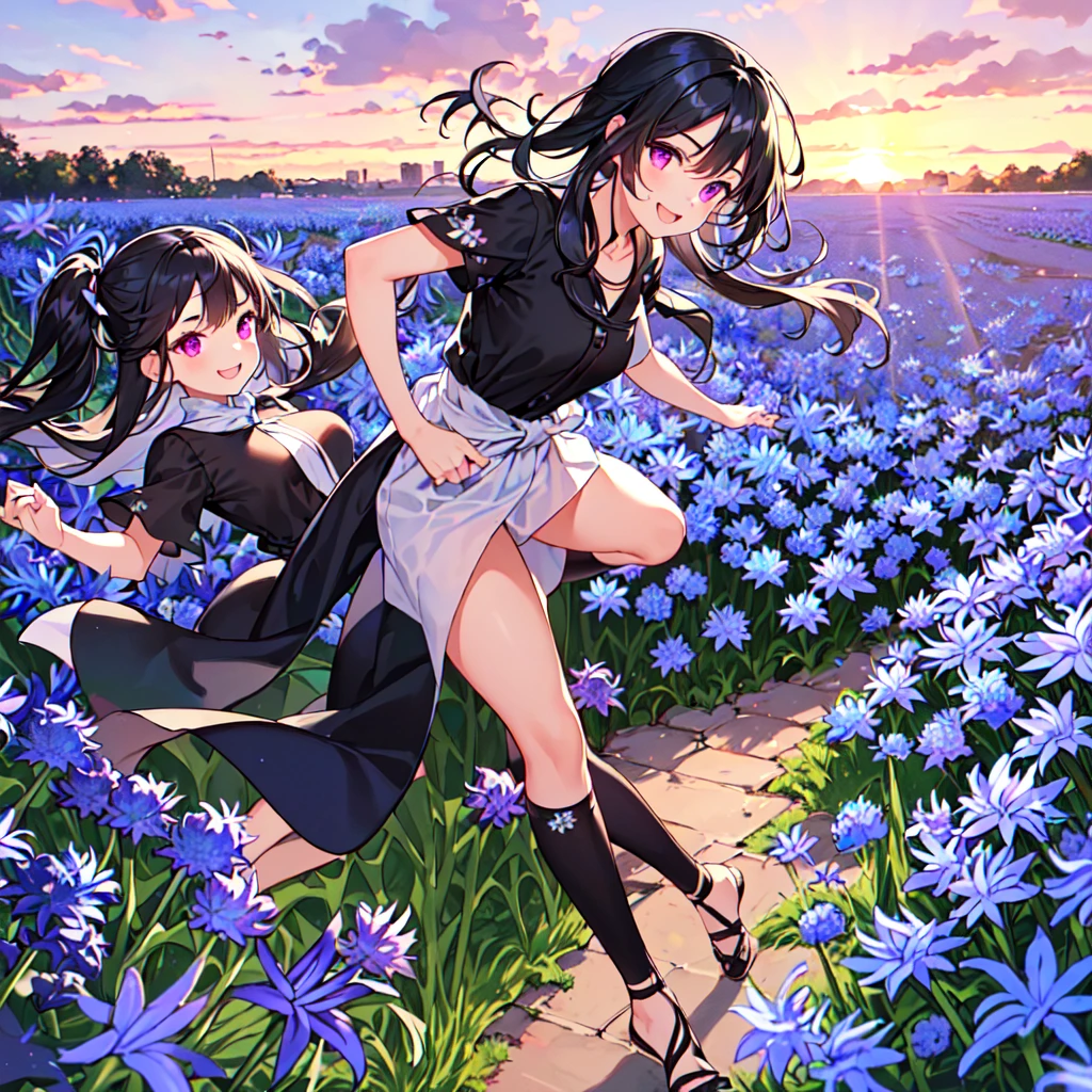 masterpiece, best quality, high quality, extremely detailed, very delicate and beautiful, (1 female 18 years old solo:1.5), (long black hair up to waist with two side up:1.5), bangs to eyebrows, eyes Eyebrows glossy, (eye color magenta:1.3), 6.5 head height, (agapanthus flower print summer fashion:1.3), knee socks, lace, frills, (smiling), (running:1.3), (smiling), (dynamic pose), (background agapanthus flower field:1.3), (sunset:1.3)