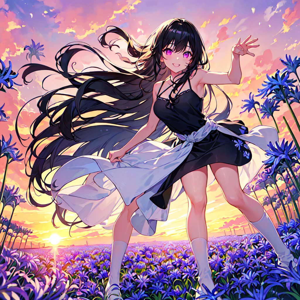 masterpiece, best quality, high quality, extremely detailed, very delicate and beautiful, (1 female 18 years old solo:1.5), (long black hair up to waist with two side up:1.5), bangs to eyebrows, eyes Eyebrows glossy, (eye color magenta:1.3), 6.5 head height, (agapanthus flower print summer fashion:1.3), knee socks, lace, frills, (smiling), (running:1.3), (smiling), (dynamic pose), (background agapanthus flower field:1.3), (sunset:1.3)