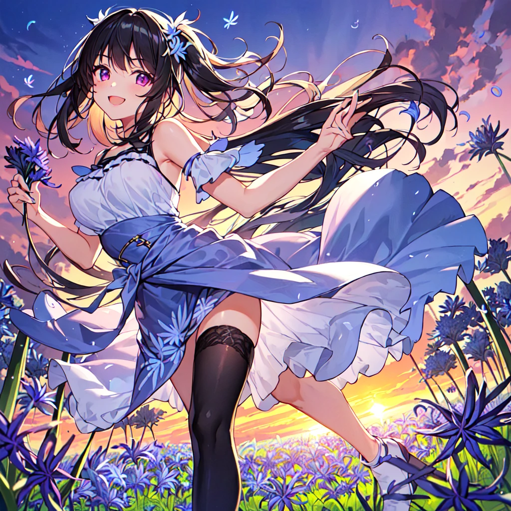 MASTERPIECE, best quality, high quality, extremely detailed, very delicate and beautiful, (1 female 18 years old, solo: 1.2), (dark blue hair long, two side up to waist: 1.4), fringes to eyebrows, eyes Sharp eyes, strong glossy glossy eyes, glossy eyebrows, (dark blue eye colour:1.3), 6.5 head height, (southern star floral print fashion:1.3), knee socks, frills, lace, (smiling), (running), (dynamic pose), (background hydrangea flower field:1.5), (Milky Way in the night sky:1.3).