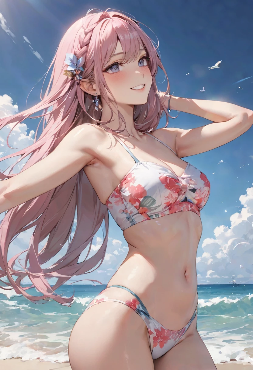 (pov Swimwear style) (beautiful body), (dark brown skin, solo:2, 1000 yo, Braid pink hair long hair cool elf woman, cool gray eyes, ecstasy smile, love mode, small tits), (in a sexy:1.5 detailed bandeau swimsuit, Ruby double exposure:1.1), break, in the Swimsuit contest venue, background detailed beautiful Coast, BREAK, perfect anatomy, masterpiece, best quality, 16k, beautiful detailed love, sexy, daydreaming expression.