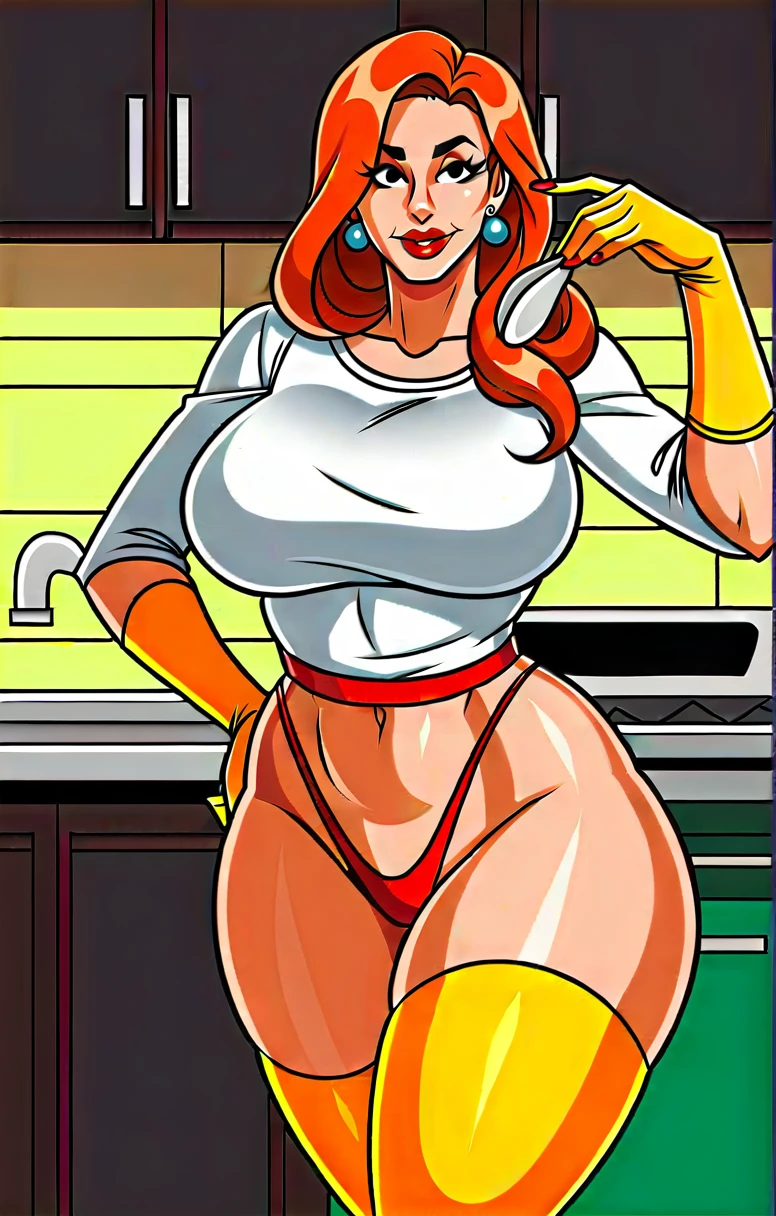 score_9_up, score_8_up, score_7_up, score_6_up, source_anime, rating_explicit, source_cartoon, dextersmom, makeup, jewelry, gloves, (masterpiece), best quality, expressive eyes, ((big hips)), ((hourglass body)), mature female, perfect face, 1girl, orange hair, black eyes. (mature body), earrings, lipstick, makeup. (((wearing a white tshirt))), (((wearing red fashion thong underwear))), kitchen, (perfect eyes), happy, perfect teeths, BREAK, yellow thighhighs, nail polish, (kitchen background), (perfect fingers), red lips, detailed eyes, detailed face, thick thighs, slim waist,