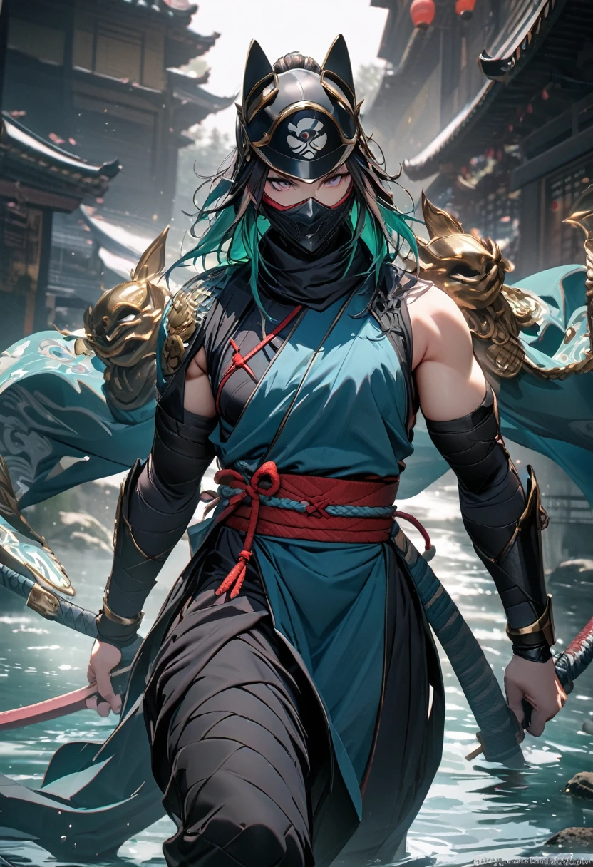 masterpiece, 8k, best quality, highly detailed, a ninja wearing ninja attire based off of a japanese water god