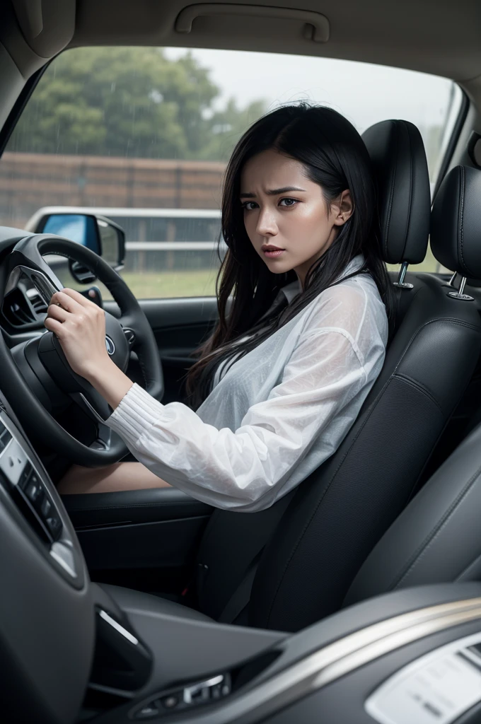 A woman driving a car on the track in rainy weather with a distressed appearance 
