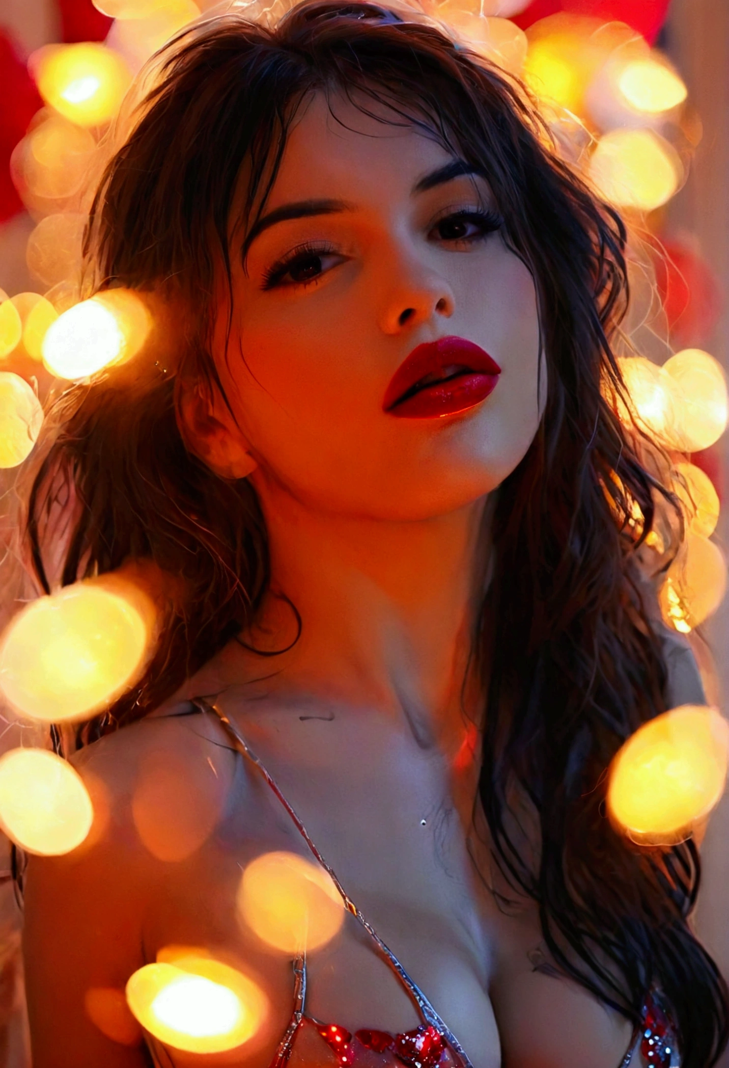 A cute woman (age 25, giga busty, string bikini), dancing and flirting on stage in the spotlight, pale makeup, deep red lipstick. Camera down low looking up
