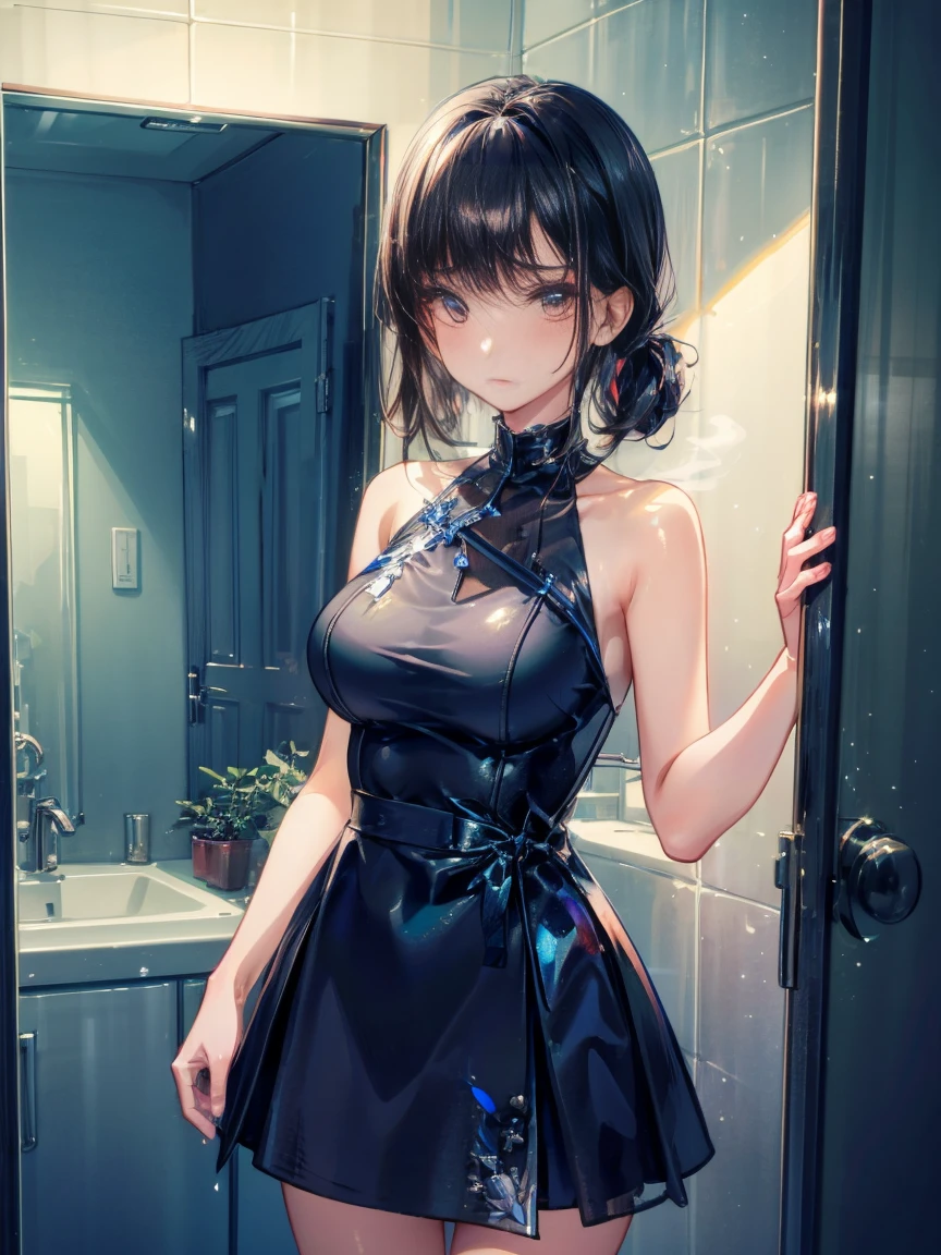 Beautiful woman、28age、Draw a scene of Misaki standing in front of the bathroom mirror.。Misaki is wearing a transparent black dress with a light mist-like texture.。The dress symbolized her loneliness.、It gives a heavy yet ephemeral feeling.。Her expression is sad and introspective.、I'm looking at myself in the mirror。The background is a simple and contemporary bathroom.、The soft morning light shines in、There's a little bit of steam。The cityscape is faintly reflected in the mirror.。