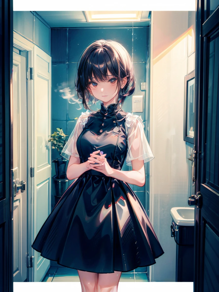 Beautiful woman、２８age、Draw a scene of Misaki standing in front of the bathroom mirror.。Misaki is wearing a transparent black dress with a light mist-like texture.。The dress symbolized her loneliness.、It gives a heavy yet ephemeral feeling.。Her expression is sad and introspective.、I&#39;m looking at myself in the mirror。The background is a simple and contemporary bathroom.、The soft morning light shines in、There&#39;s a little bit of steam。The cityscape is faintly reflected in the mirror.。