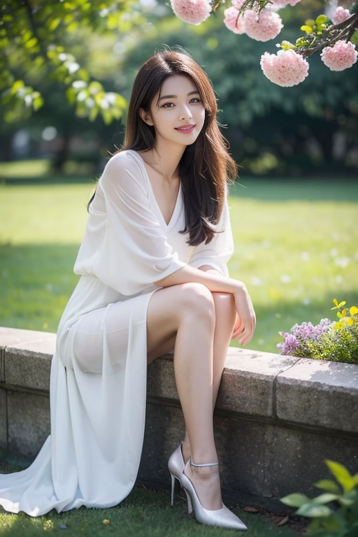 masterpiece, Excellent, daytime, outdoor, Falling Flowers, Branches, China人, China, 1 girl, Perfect Woman, Woman with long silver hair, Gray blue eyes, Light pink lips, Serious, ,Purple Eyes, White clothes, , Delicate face, Delicate face, Sitting Legs, Smile