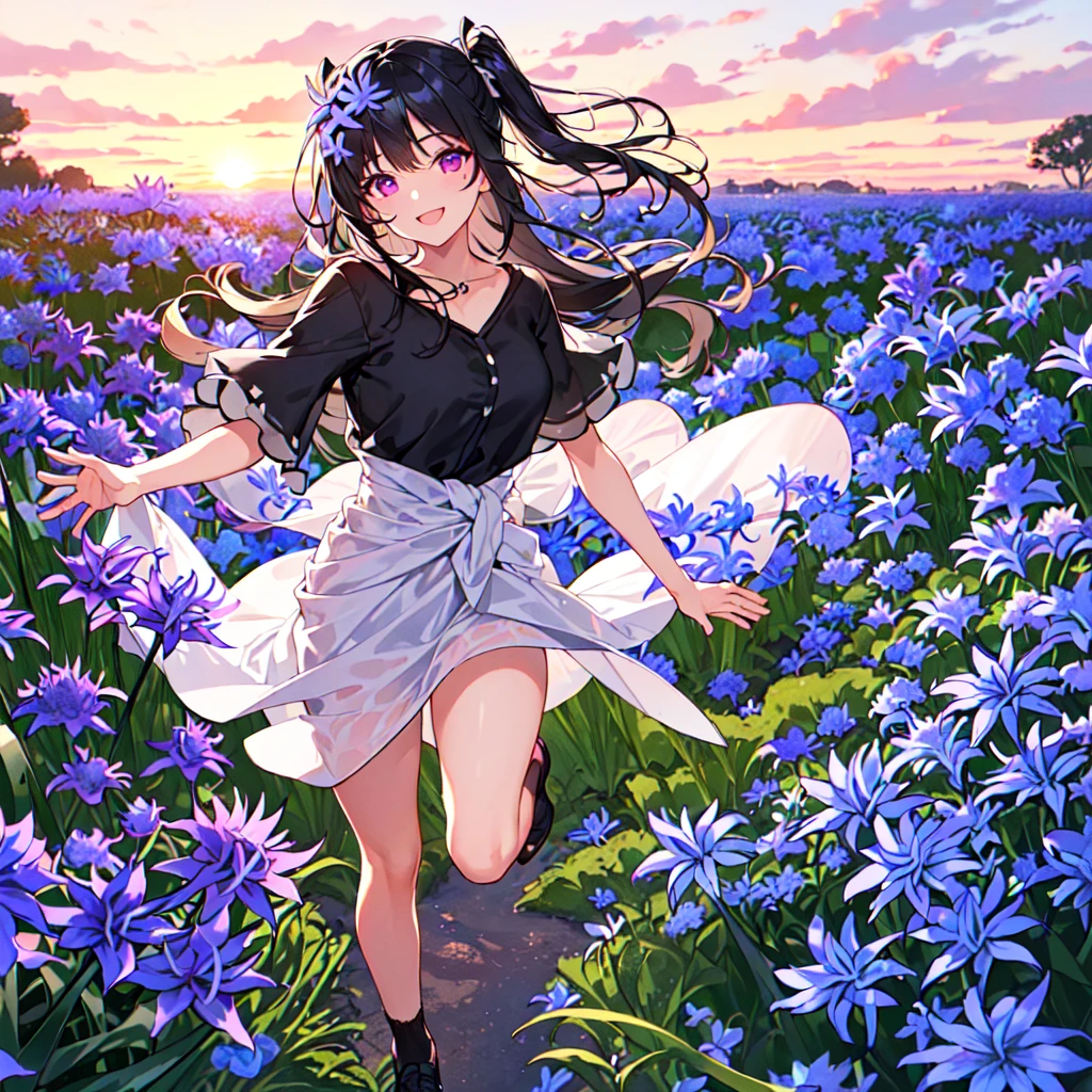 masterpiece, best quality, high quality, extremely detailed, very delicate and beautiful, (1 female 18 years old solo:1.5), (long black hair up to waist with two side up:1.5), bangs to eyebrows, eyes Eyebrows glossy, (eye color magenta:1.3), 6.5 head height, (agapanthus flower print summer fashion:1.3), knee socks, lace, frills, (smiling), (running:1.3), (smiling), (dynamic pose), (background agapanthus flower field:1.3), (sunset:1.3)