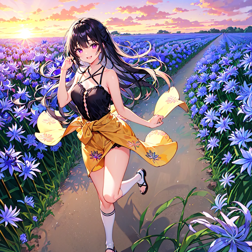 masterpiece, best quality, high quality, extremely detailed, very delicate and beautiful, (1 female 18 years old solo:1.5), (long black hair up to waist with two side up:1.4), bangs to eyebrows, eyes (eyes sharp, strong, glossy, glossy eyebrows), (eye color magenta: 1.3), 6.5 head height, (summer flower print fashion: 1.3), knee socks, ruffles, lace, (smiling), (holding a bouquet of summer flowers: 1.3), (dynamic pose), (background summer colorful flower field: 1.3), (Blue Sky: 1.3)