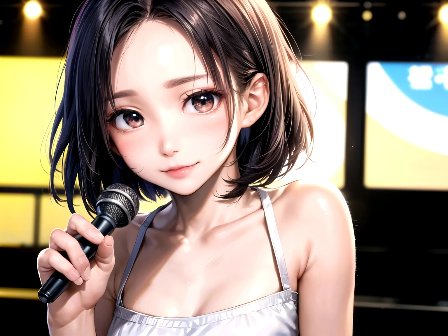 ((Best of the highest quality, 8k, Masterpiece, raw photo: 1.1)), (Sharp focus: 1.1), (1 AESPA, slim body type female, 22 y/o: 1.1), solo, Portrait Waist Up, (realistic, photo-realistic:1.37), face focus, finely small eyes, (forehead, short bob hair: 1.32), (sharp chin, droopy eyes: 1.32), (Emphasize prominent aegyo-sal with bright: 1.28), shimmering eyeshadow applied under the lower lash line, paired with thick, (small breasts, flat chest: 1.2), T-shirt, walking on stage, microphone, flower,