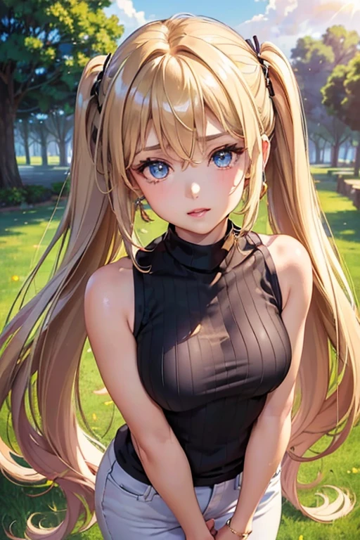 #Basics A girl is posing for a photo, animeのかわいい女の子, (((One Girl, Baby Face, Young girl, ))),
BREAK
#Clothing Accessories
((Blue sleeveless high neck knit sweater) + (White skinny pants) + Black High Heels),
small red earrings, Luxury gold bracelet,
BREAK
#Features
((Blonde)), Curly hair, (Twin tails : Standard length hair + Fuller Hair + Curly Hair + Red string ribbon),
(Droopy eyes, blue eyes), (Small breasts),
BREAK
#background environment
(noon、(Sunlit park, grass, There is a big tree behind)),
#Facial Expression Pose
((Wicked Smile), (Standing pose with arms extended forward at chest height)),
#composition
((Face the camera, Angle from the front, Cowboy Shot)),
BREAK
#Body parts elements
(Detailed hair, Beautiful Hair, Shiny Hair),
(double eyelid, Long eyelashes),
(Expression of fine eyes, Beautiful and delicate eyes, Sparkling eyes, Eye Reflexes, Glitter Eyeliner),
(Human Ear),
(Beautiful Nose, Thin Nose),
(Glossy lips, Beautiful Lips, Thick lips, Glossy Lips, Natural Cheeks),
(Detailed face, Symmetrical facial features),
(Detailed skin, Textured skin, Beautiful Skin, Shiny skin),
BREAK
#Quality
(((Highest quality)), ((masterpiece)), ((Very detailed))), ((High resolution), (16K,1080P)),
(Realistic), (Anatomically correct),
((comics, anime)), (3DCG), CG illustration,