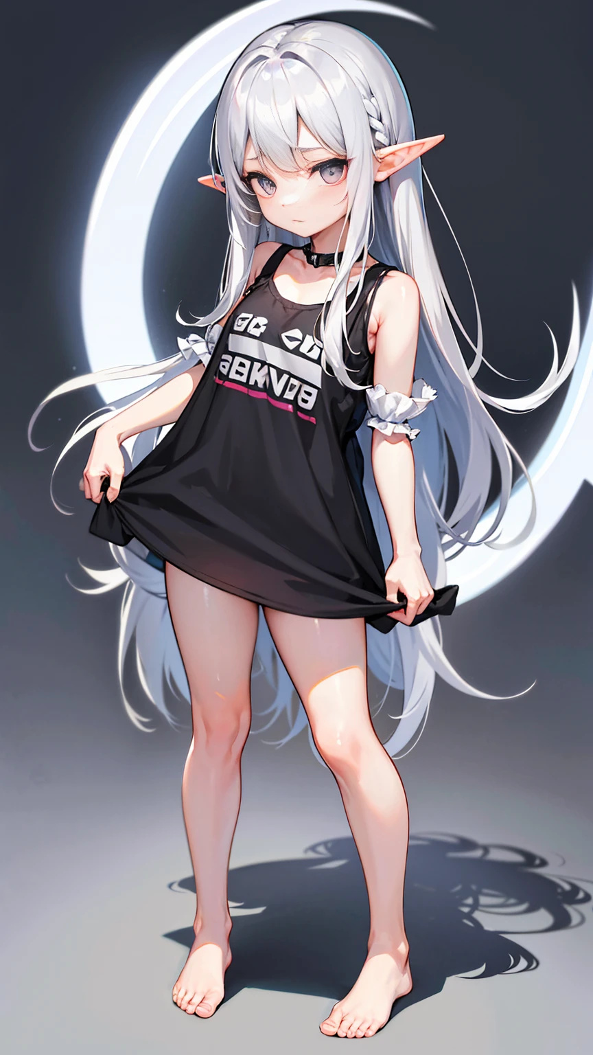 Elf Girl、8-year-old、Medium-long silver hair、Silver Eyes、Only a big black short-sleeved T-shirt、No bottoms worn、barefoot、Seductive expression、whole body、Standing posture