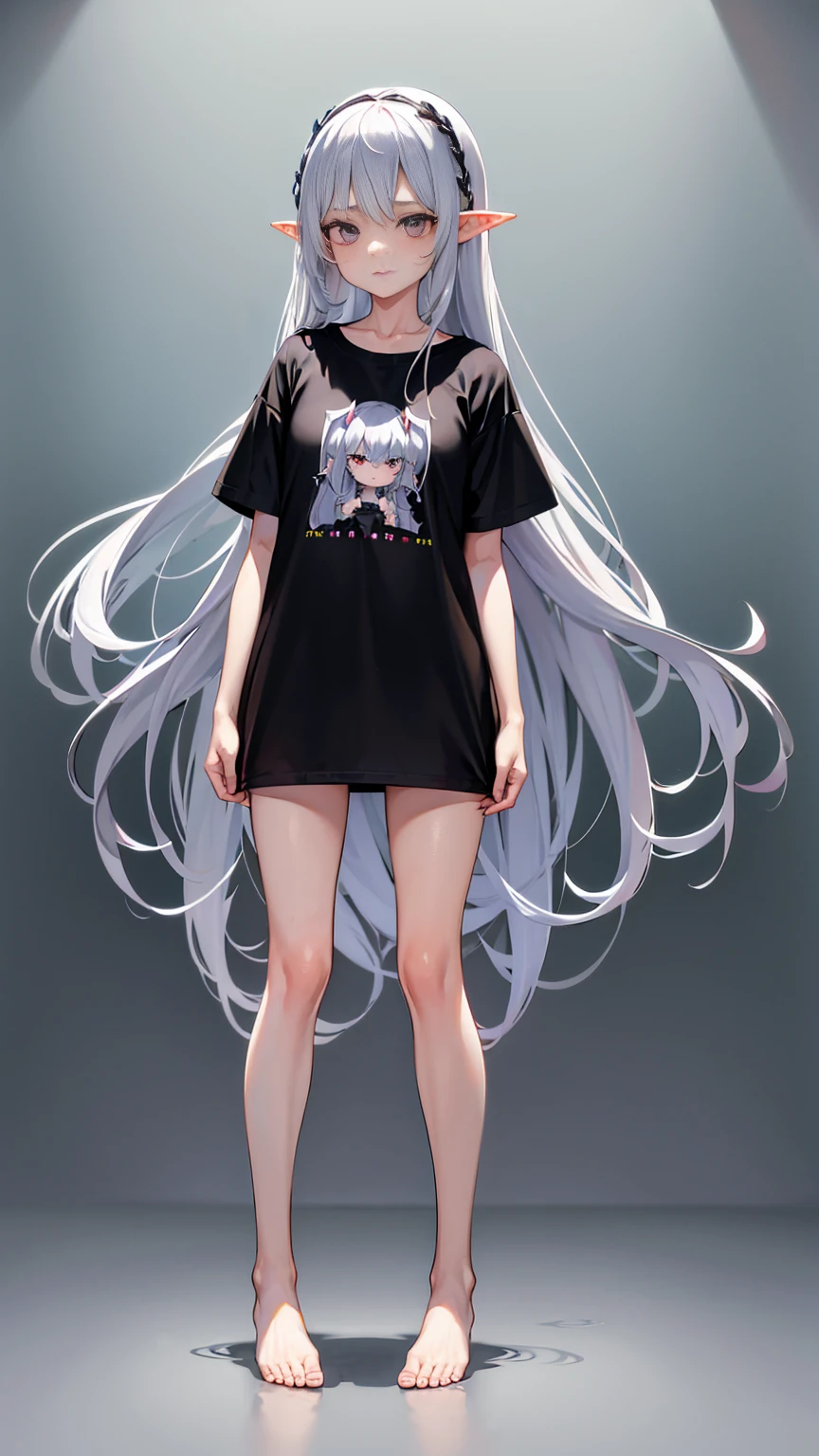 Elf Girl、8--old、ium-long silver hair、Silver Eyes、Only a big black short-sleeved T-shirt、No bottoms worn、barefoot、Seductive expression、whole body、Standing posture