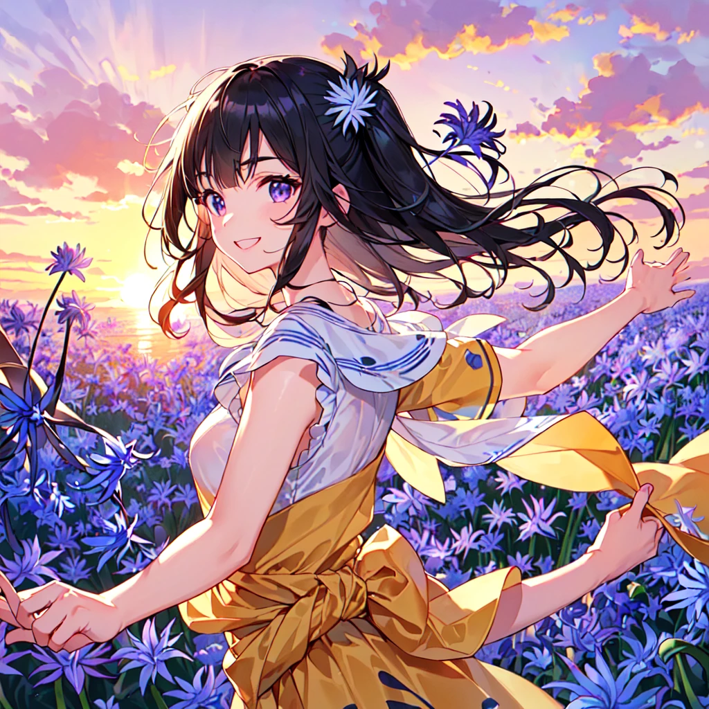 masterpiece, best quality, high quality, extremely detailed, very delicate and beautiful, (1 female 18 years old solo:1.5), (long black hair up to waist with two side up:1.5), bangs to eyebrows, eyes Eyebrows glossy, (eye color magenta:1.3), 6.5 head height, (agapanthus flower print summer fashion:1.3), knee socks, lace, frills, (smiling), (running:1.3), (smiling), (dynamic pose), (background agapanthus flower field:1.3), (sunset:1.3), (upper body:1.3)