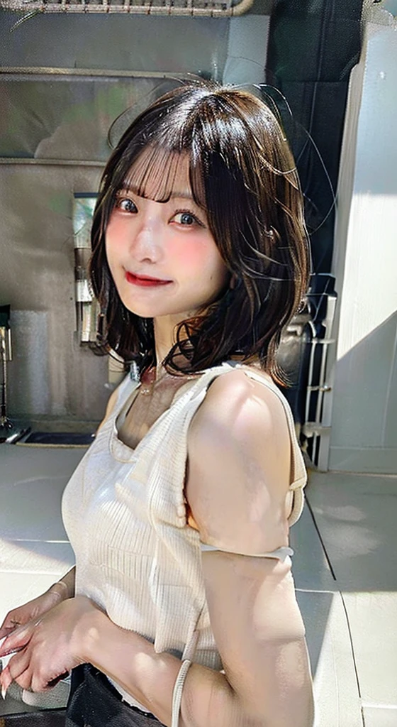 (Highest quality,masterpiece:1.3,超A high resolution,),(Ultra-detailed,Caustics,8K),(Ultra-dense skin,Photorealistic:1.4,RAW shooting,),,,1 girl,Japanese,20-year-old,cute,Black-haired,short hair,(Large Breasts),A happy smile,Looking at the camera,Natural soft light、My chest is open、whole body、White Room、Tabletop、Selfie、Slender、rib cage、slender、Ribs、T-Shirts、Shorts