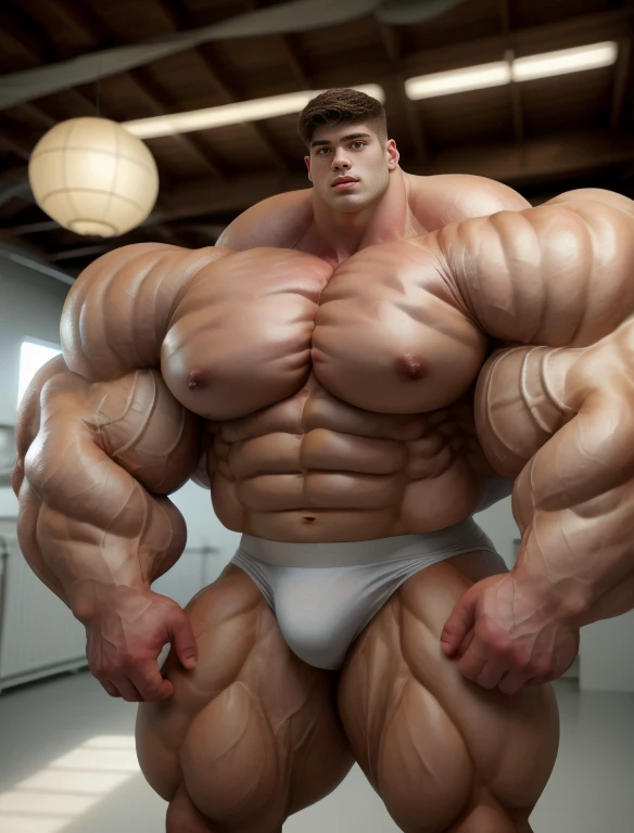 1boy, giant, alone, giant bodybuilder, illuminating light, strong body, bulk, large size, standing, hands on hip, in white laboratory studio, indoor, naked, nude, white triangular underwear, big thick bulge, extraordinary big, brutalmass, giant muscular body, bulk, buff, massive body, large meaty body size, extremely wide body