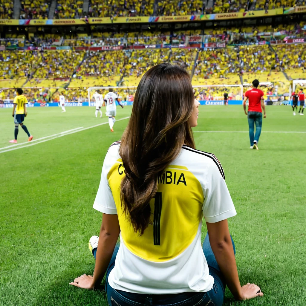 Act like a crewr expert from my description an image, I want an image watching the Colombia game, where I show myself from behind and with the new Colombia la negra shirt, I am brunette, tall with long brown hair and cute highlights, thin and that he finds me sitting on my back with a black jean