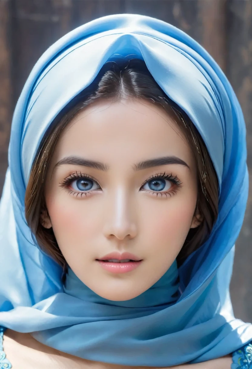 1 beautiful beautiful woman - Scandinavian European appearance (looks like the most beautiful Swedish girl), ((top quality, 8K, Masterpiece:1.retty woman, 1 woman, average breasts:1.3, a slim body:1.1, lush WHITE NIVEOUS long hair, (shower, wet body, wet clothes:1.1), very detailed face, detailed lips, detailed eyes, double eyelids, Detailed blue eyes, Detailed Outstanding Blue Eyes, WHITE NIVEOUS HAIR, in a church , inside the church , she's wearing hijab, huge beautiful earrings, full body picture