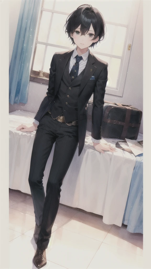 masterpiece、Highest quality、Movie stills、One Boy、solo、Male Focus、Staring at the audience、Depth of written boundary、(Watercolor illustration、Soft pastel colors:1.1)、L_LawLiet、Black Hair、black eye、Suit pants、steampunk、Half white and half black hair、Two-tone hair